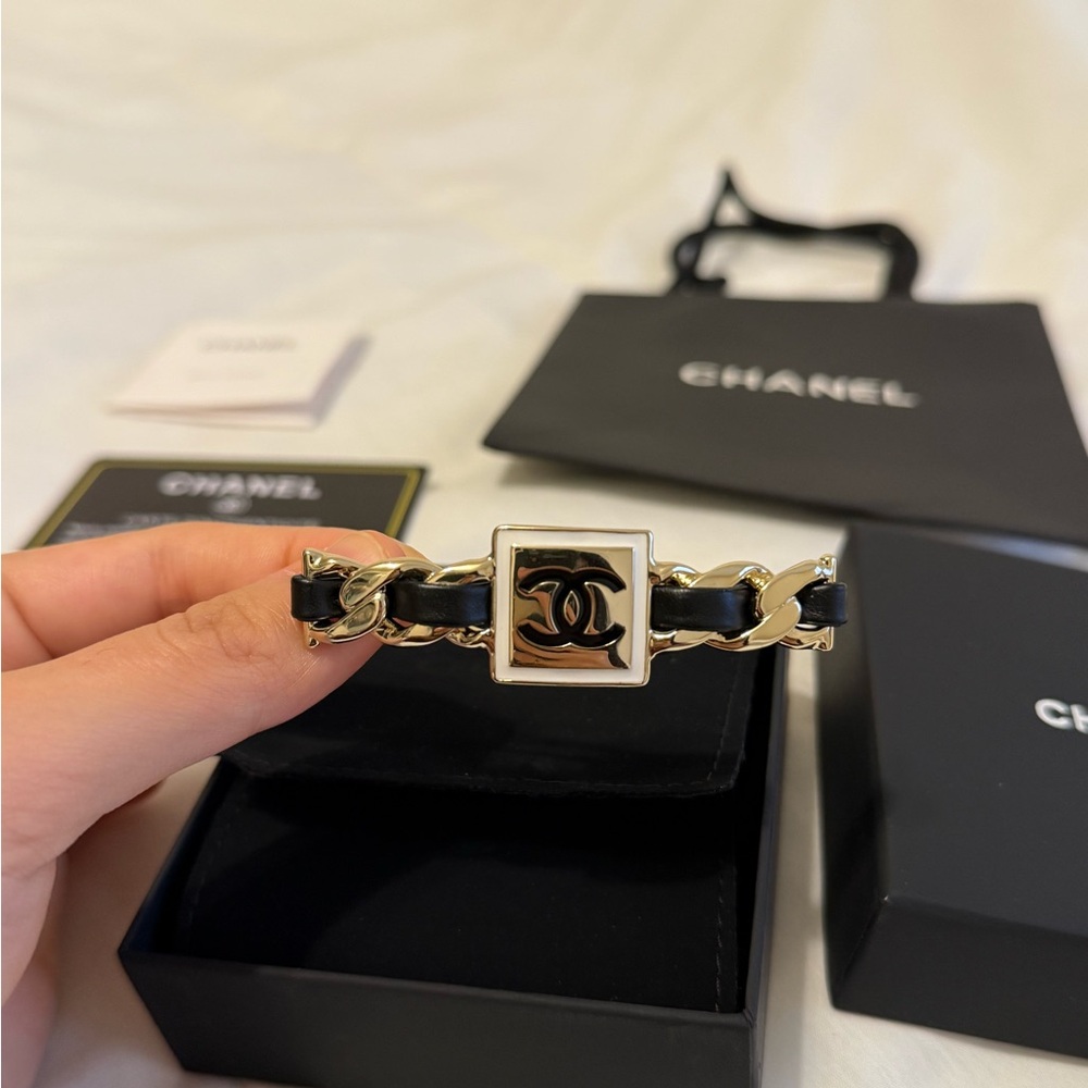 Square CC Chain Hair Clip Barrette Metal with Leather authentic